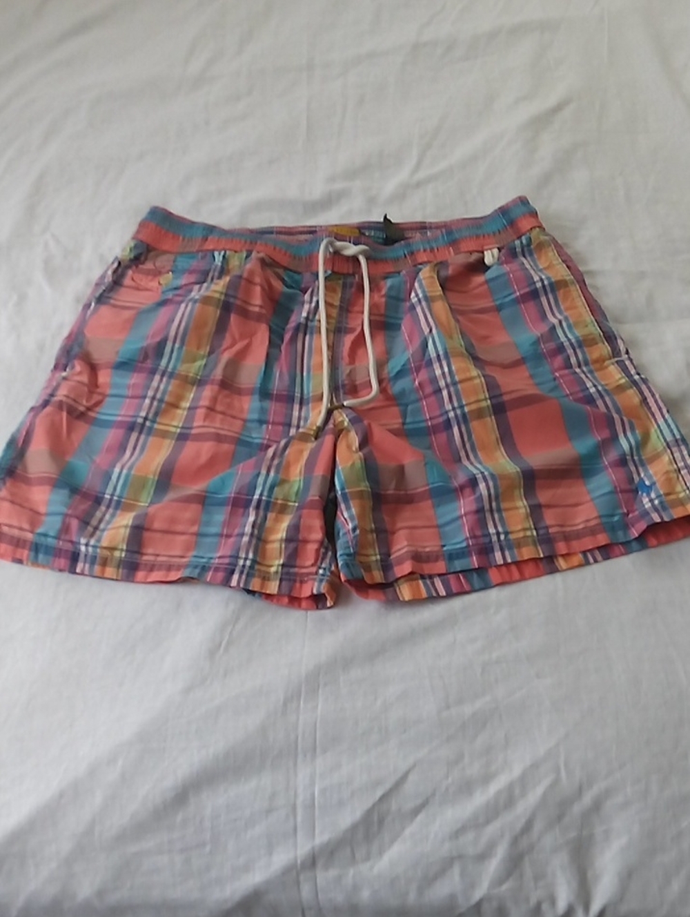 Polo by Ralph Lauren Coral, Blue & Yellow Plaid Swim Shorts